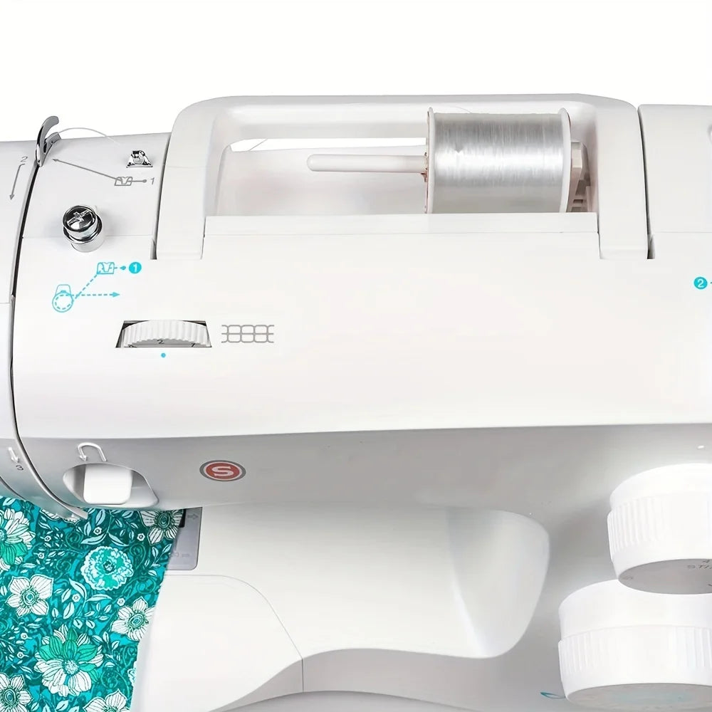 A white sewing machine with a visible thread spool and controls is shown from the top view.
