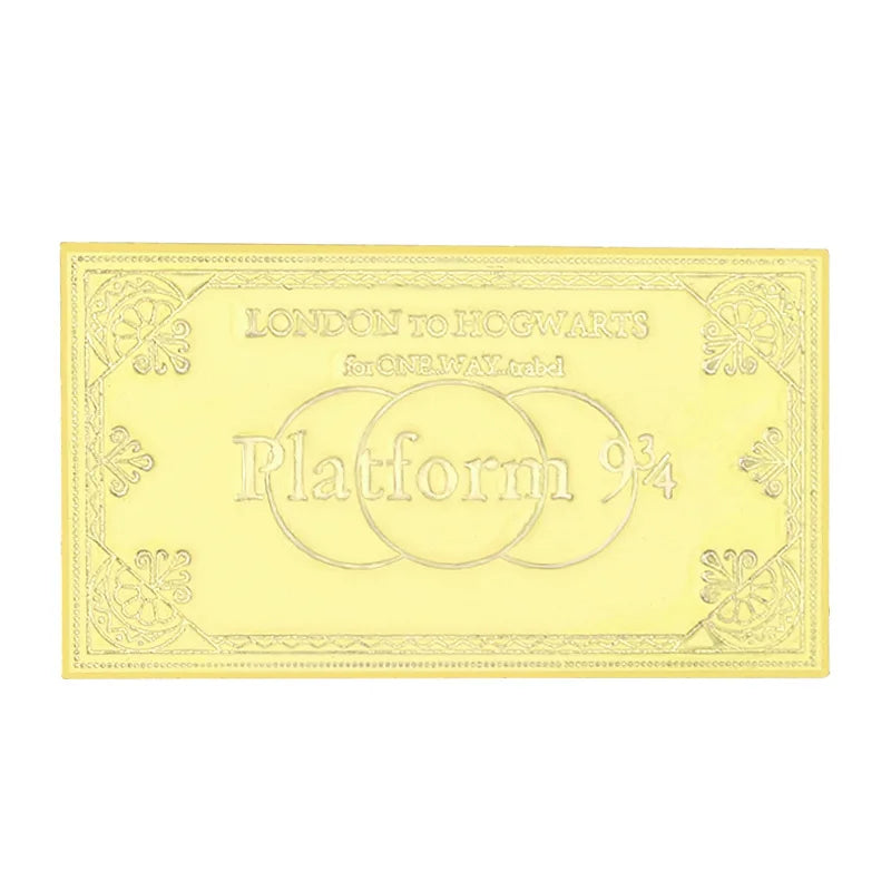 A vintage enamel airline ticket lapel pin featuring the text London to Hogwarts and Platform 9 3/4