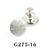 Silver adjustable button pin with a round surface engraved with Jeans Wear and stars.
