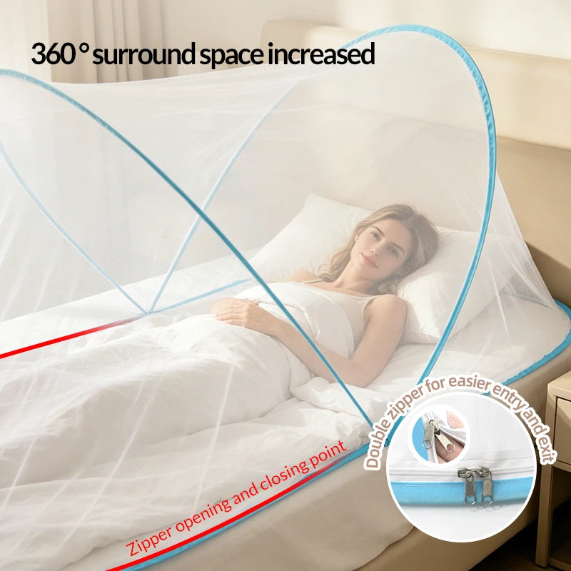 A mosquito net covering a bed, demonstrating 360 degree surround space and a double zipper for entry and exit.
