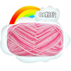 Pink premium milk cotton yarn skein with a rainbow background