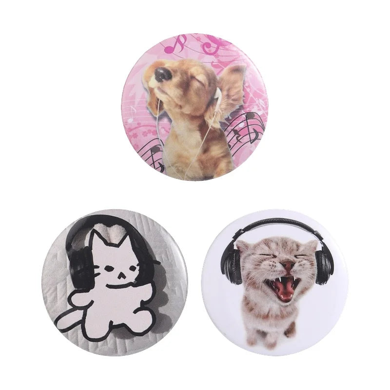 A set of tinplate pins featuring an animal and music theme, including a dog and a cat.