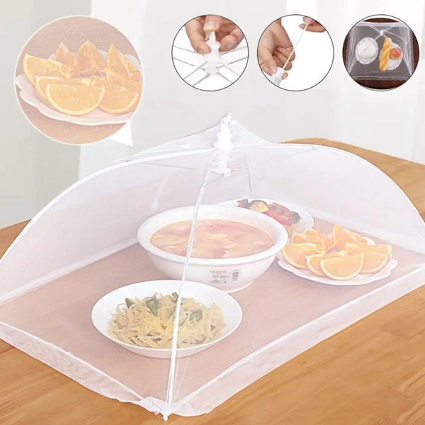A white foldable mesh table cover is shown with various food items like orange slices and noodles inside.