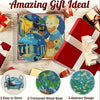 A set of diamond painting coasters featuring abstract designs on a wooden base.