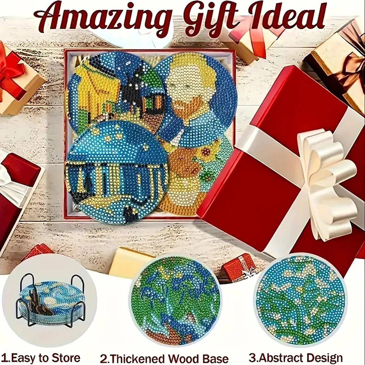 A set of diamond painting coasters featuring abstract designs on a wooden base.