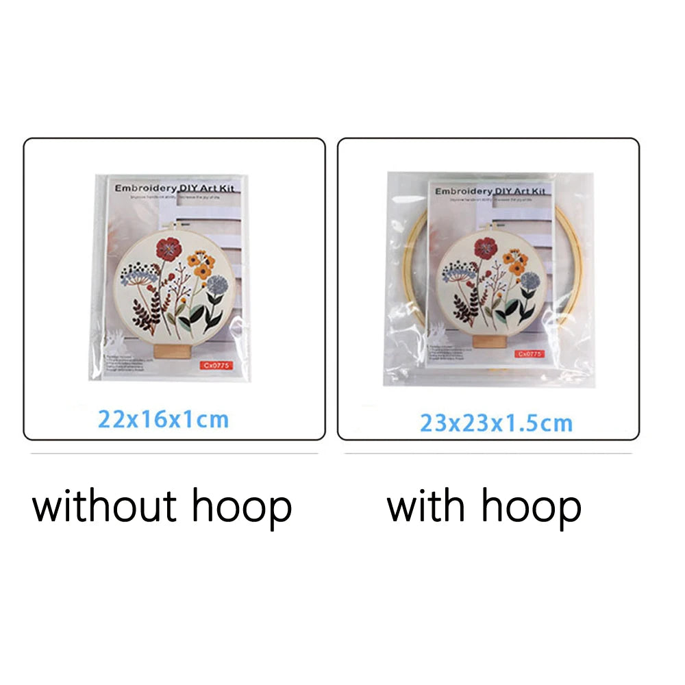 Embroidery DIY Art Kit showing floral designs with and without a hoop