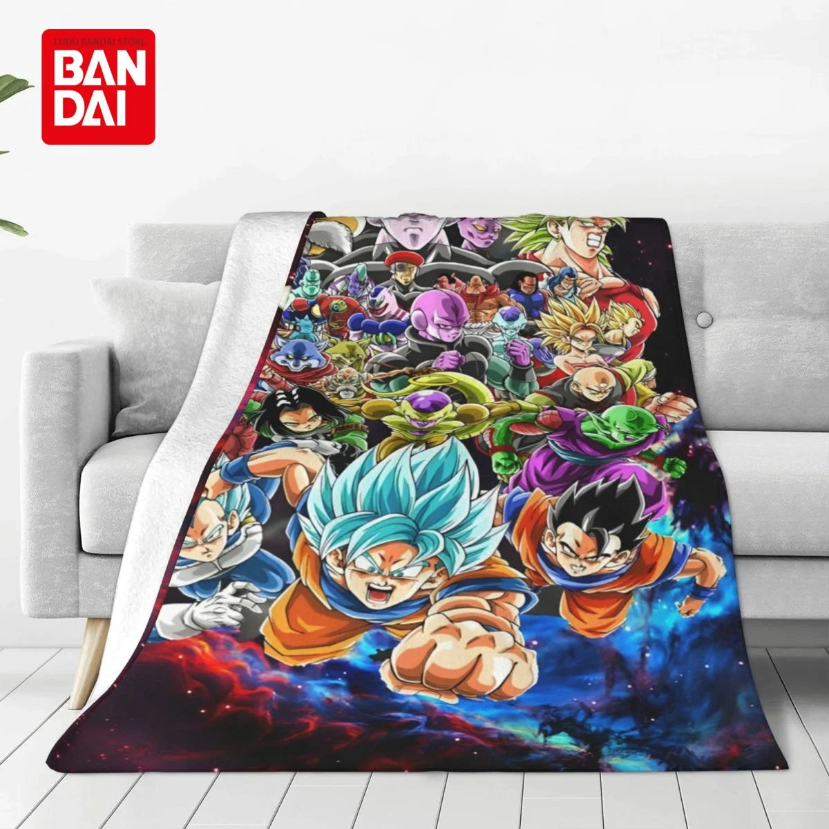 A colorful anime character flannel throw blanket featuring characters from Dragon Ball Z