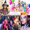 A collage of people and a woman with colorful face paint and body art, celebrating a party theme.