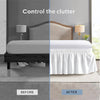 Before and after comparison showing a bed with a wrinkled skirt before and a smooth, clean elastic bed skirt after.