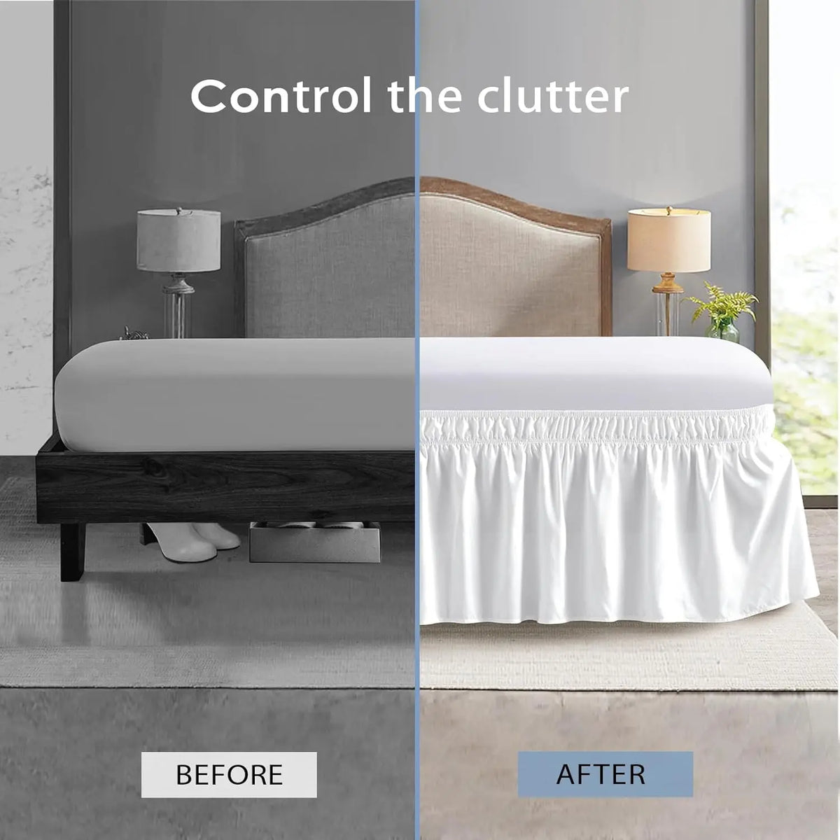 Before and after comparison showing a bed with a wrinkled skirt before and a smooth, clean elastic bed skirt after.