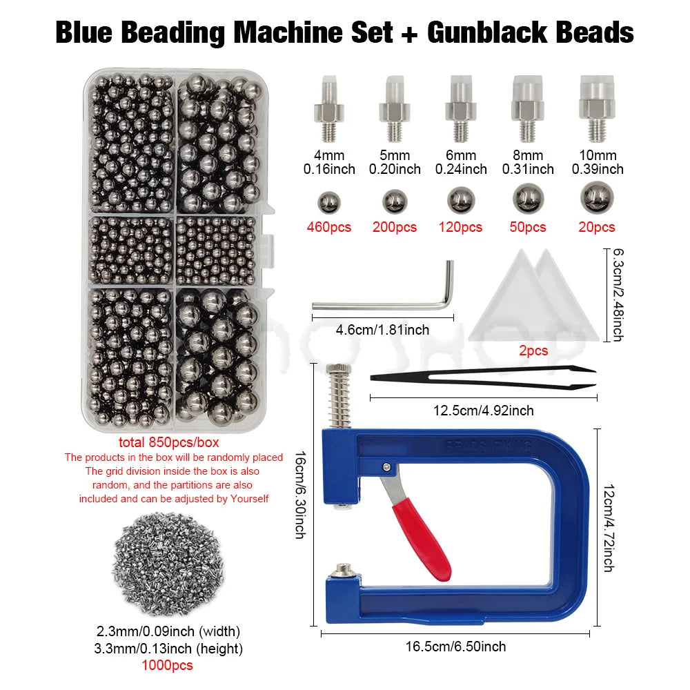 A set of blue beading machine parts and gunblack beads including various sizes and quantities