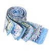 Rolls of floral cotton fabric for quilting and crafting in various blue and white patterns