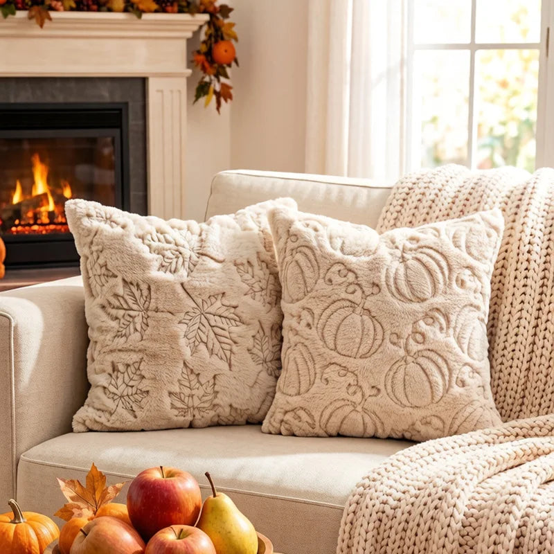 A collection of cream-colored fuzzy maple leaf throw pillows resting on a light sofa next to a fireplace.