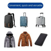 A kit containing a black backpack, a teal suitcase, a silver rolling suitcase, a brown jacket, and a black leather item.