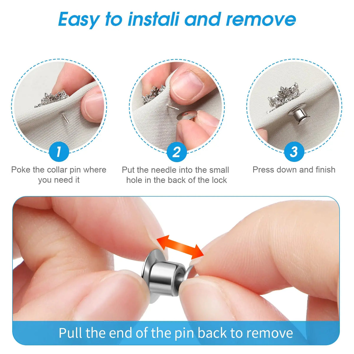 Instructions show how to install and remove a stainless steel locking pin for securing clasps like brooches.
