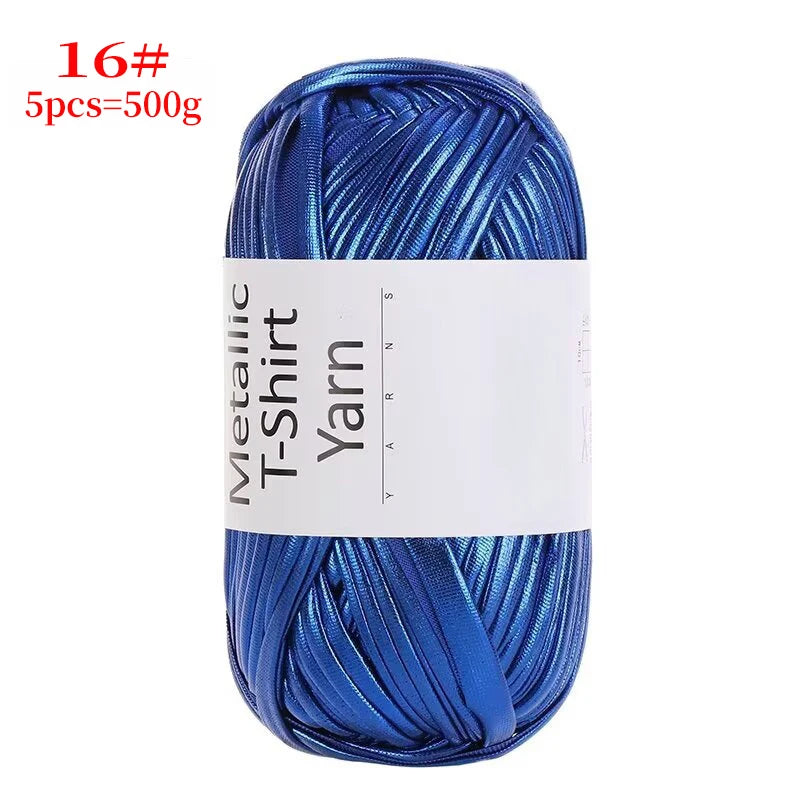A skein of metallic blue T-shirt yarn labeled 16#, sold in a 5-pack of 500g.