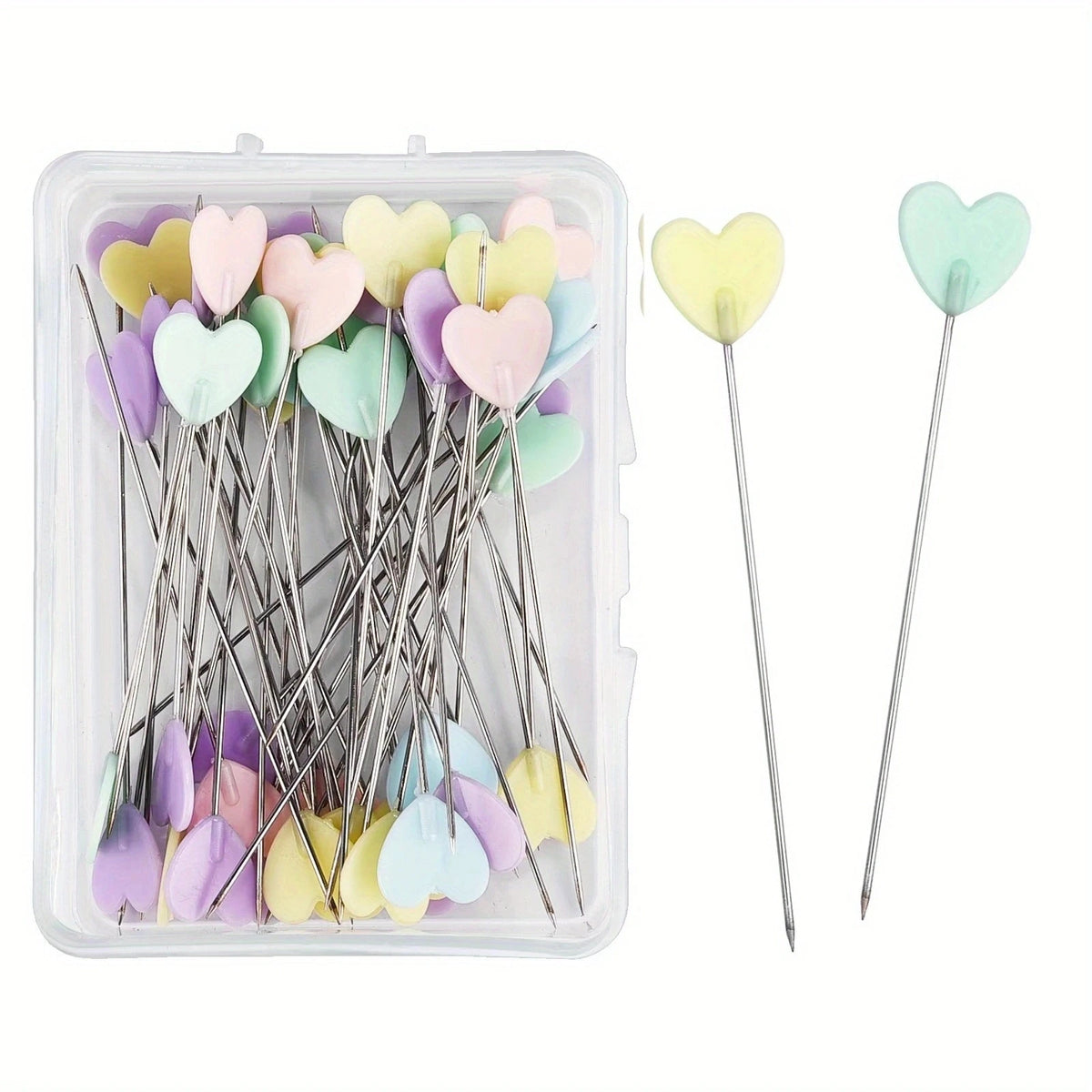 A clear plastic container filled with 100 heart-shaped sewing pins in various pastel colors like pink, yellow, and green.
