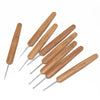 A set of wooden precision crochet hooks with varying sizes, ranging from 1.0 mm to 2.75 mm.