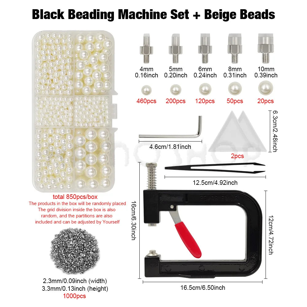 Black beading machine set with beige beads and various sized beads for crafting