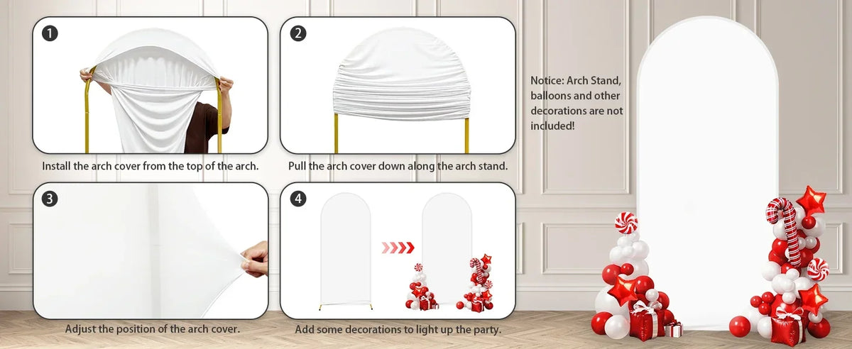 Step-by-step instructions showing how to install and decorate an elegant arch cover backdrop for parties