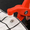 A close-up of an orange crimping pliers with a crochet hook gripping a white fabric.