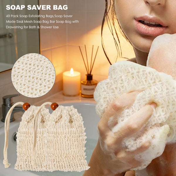 A hand holds a natural sisal mesh soap saver bag filled with soap, demonstrating its use for bathing and showering.