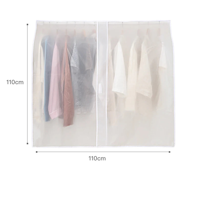 A transparent garment dust cover with hangers displaying various colored clothing items.