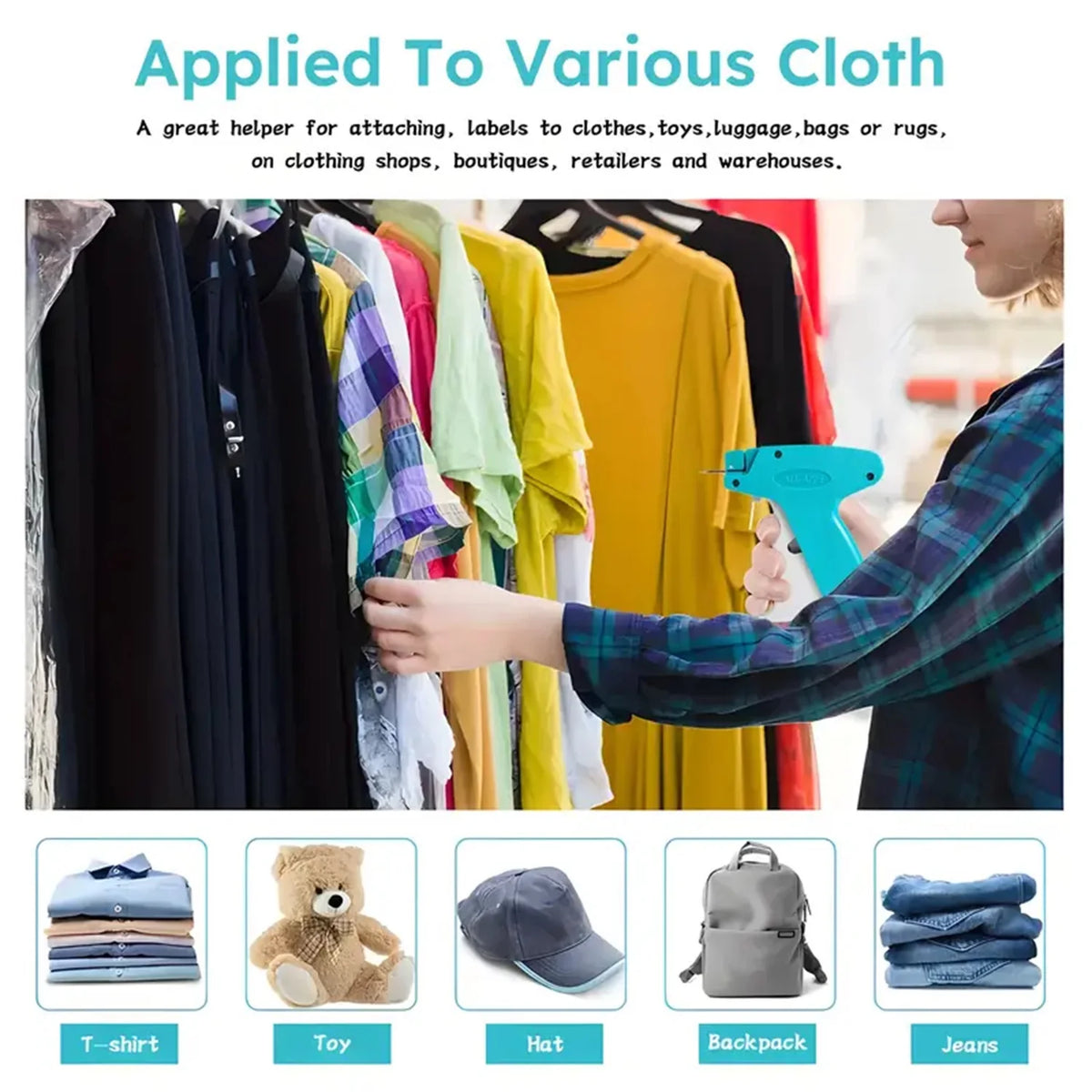 A hand is using a blue fabric clip to attach labels or items to clothing in a retail setting.