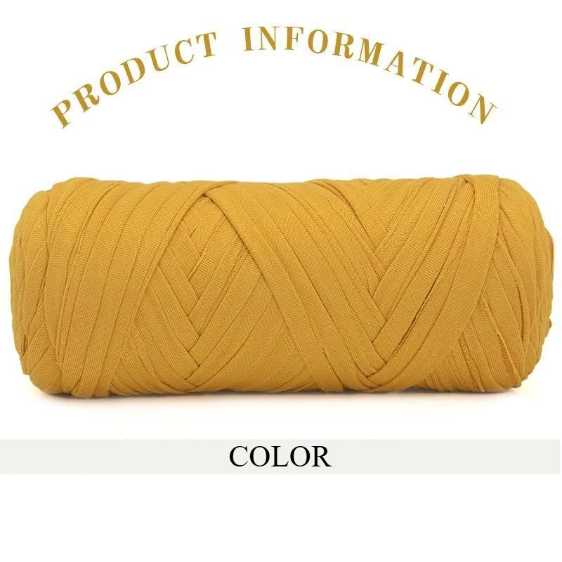 A skein of thick, golden yellow polyester blended yarn is shown rolled up for crafting.