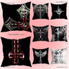 A collection of black and white gothic sigil throw pillow covers featuring various religious and occult symbols like crosses 