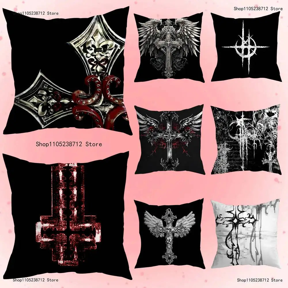 A collection of black and white gothic sigil throw pillow covers featuring various religious and occult symbols like crosses 