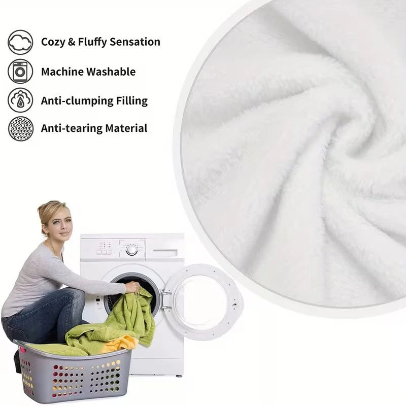 A white fluffy blanket is shown next to a washing machine and a laundry basket.