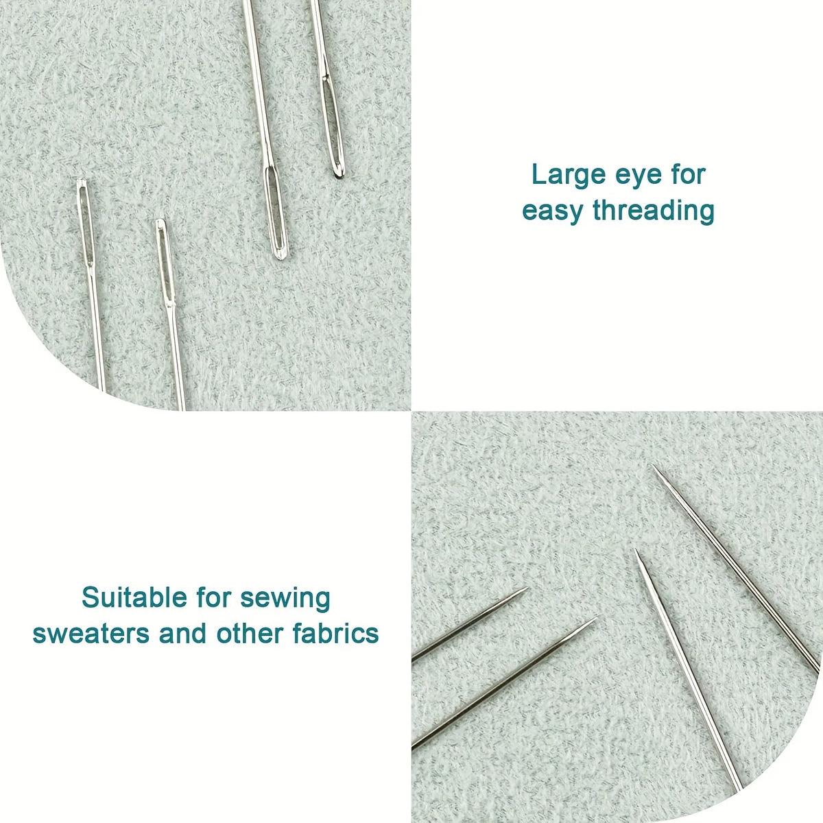 A set of stainless steel sewing needles with a large eye for easy threading shown against a light gray fabric background.