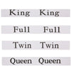 A set of four elastic bed sheet organizer straps labeled King, Full, Twin, and Queen.