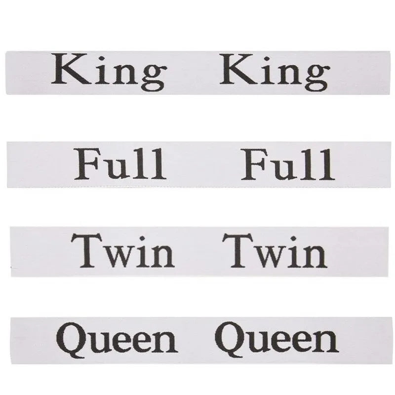A set of four elastic bed sheet organizer straps labeled King, Full, Twin, and Queen.