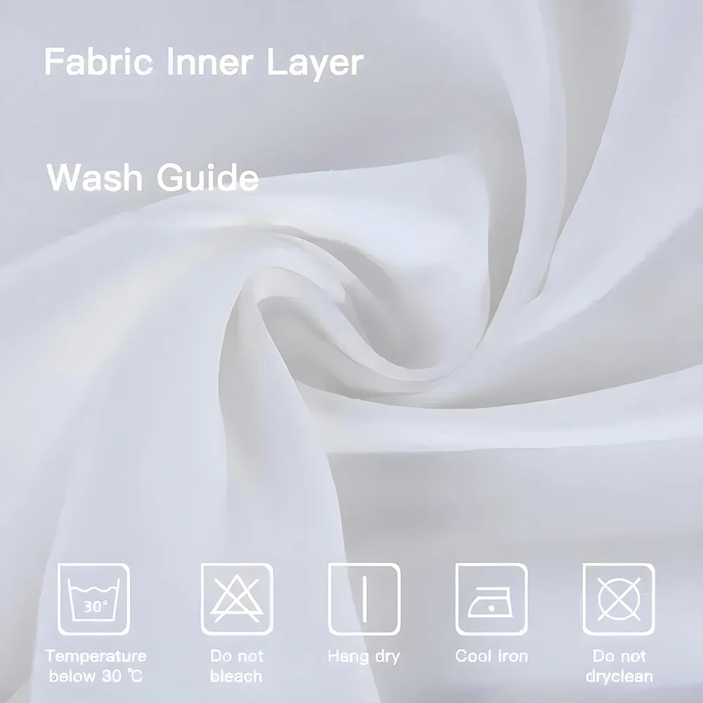 White fabric inner layer with washing guide icons showing temperature, bleaching, drying, ironing, and dry cleaning instructi