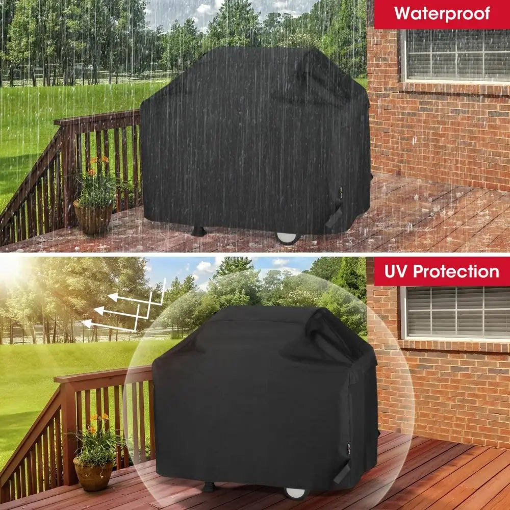 Black waterproof BBQ grill cover placed on a wooden deck with a brick wall in the background.