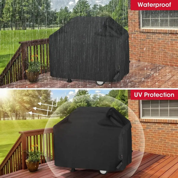 Black waterproof BBQ grill cover placed on a wooden deck with a brick wall in the background.