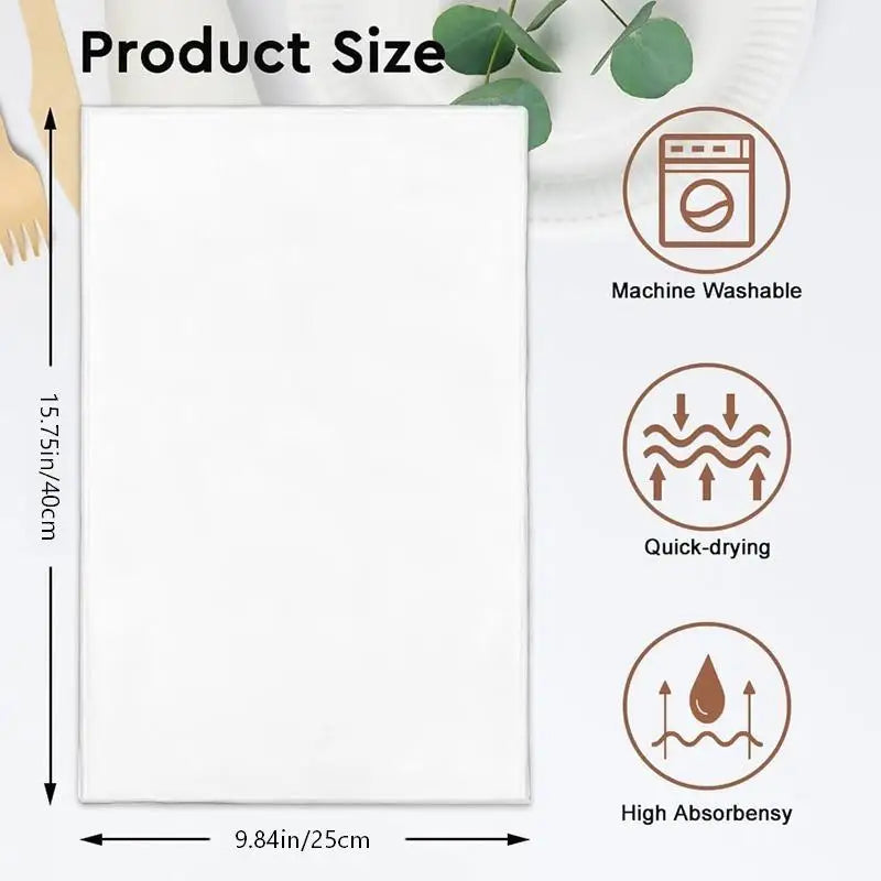 White kitchen towel product size display showing dimensions and features like machine washable quick-drying and high absorben
