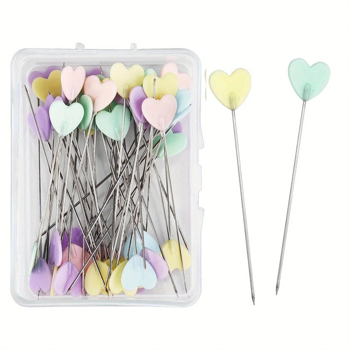 A clear plastic container filled with 100 heart-shaped sewing pins in various pastel colors like pink, yellow, and green.