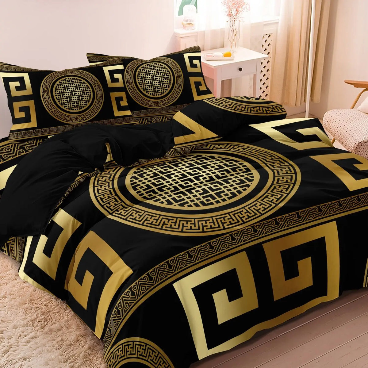 Black and gold geometric duvet cover set featuring intricate maze patterns