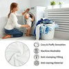 A woman is folding a white fleece blanket next to a washing machine, with features listed for cozy and durable use.