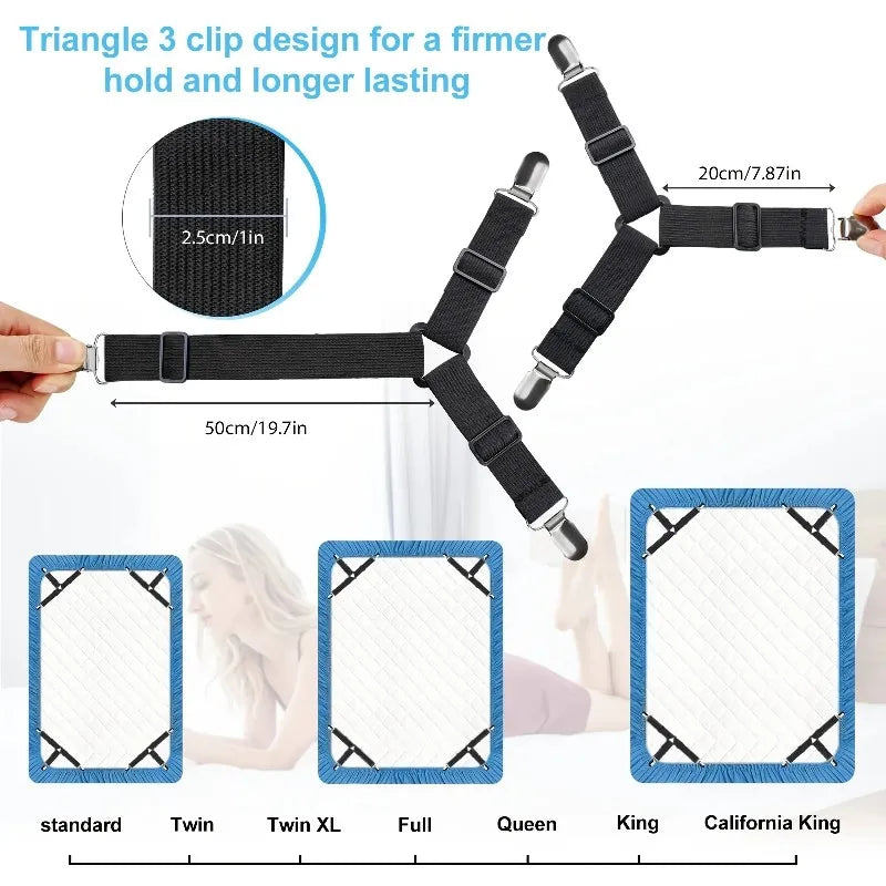 A set of black triangle clip design bed sheet straps for holding fitted sheets, shown with size comparisons.