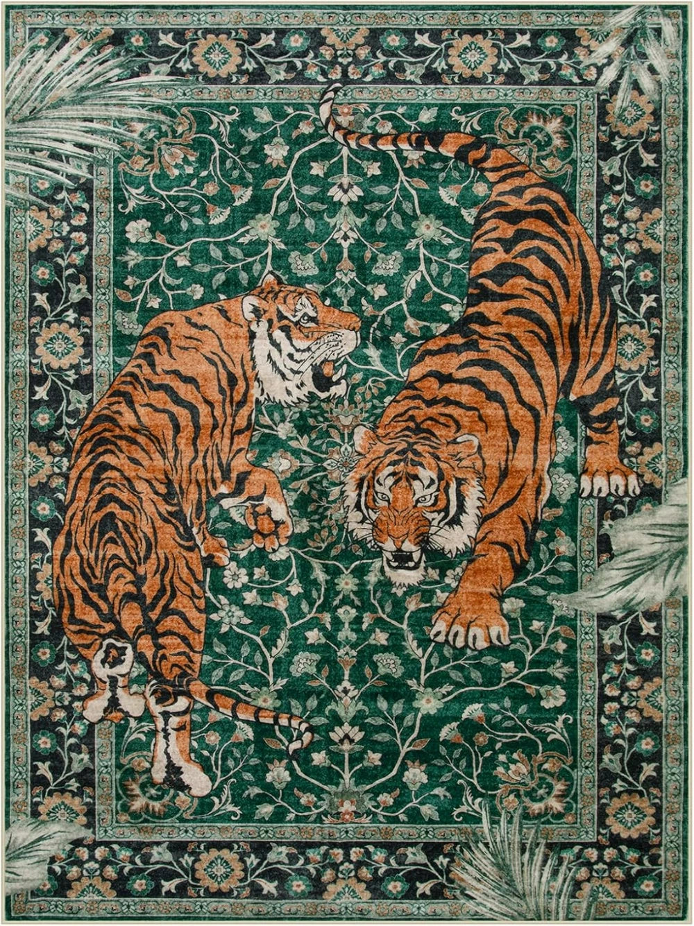 A richly patterned rug featuring tigers in various poses set against a deep green background.