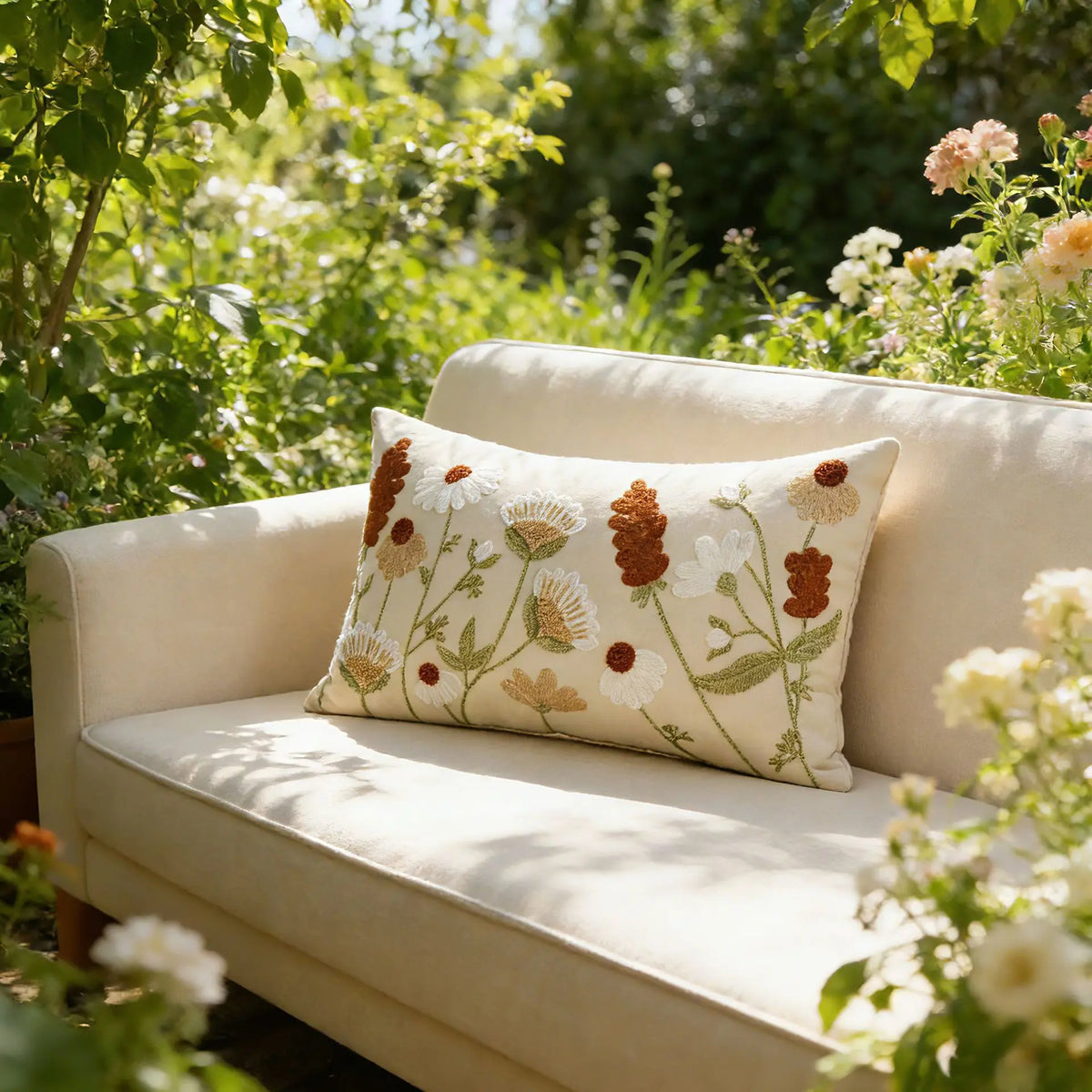 A cream-colored sofa with a floral embroidered throw pillow resting on it, set in a sunny garden.