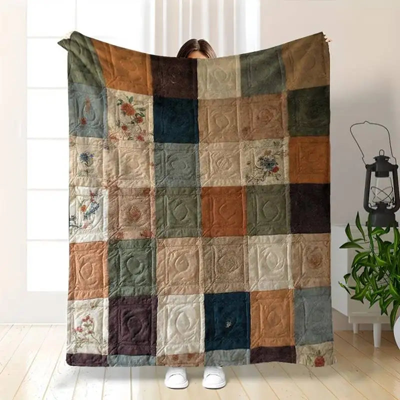 A vintage floral patchwork throw blanket featuring a grid pattern of muted earth tones and greens.