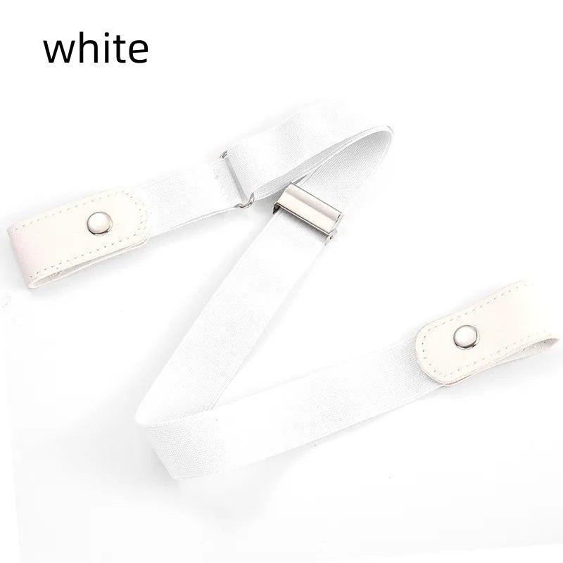 A white invisible stretch belt for pants and dresses shown as a strap with a silver buckle.