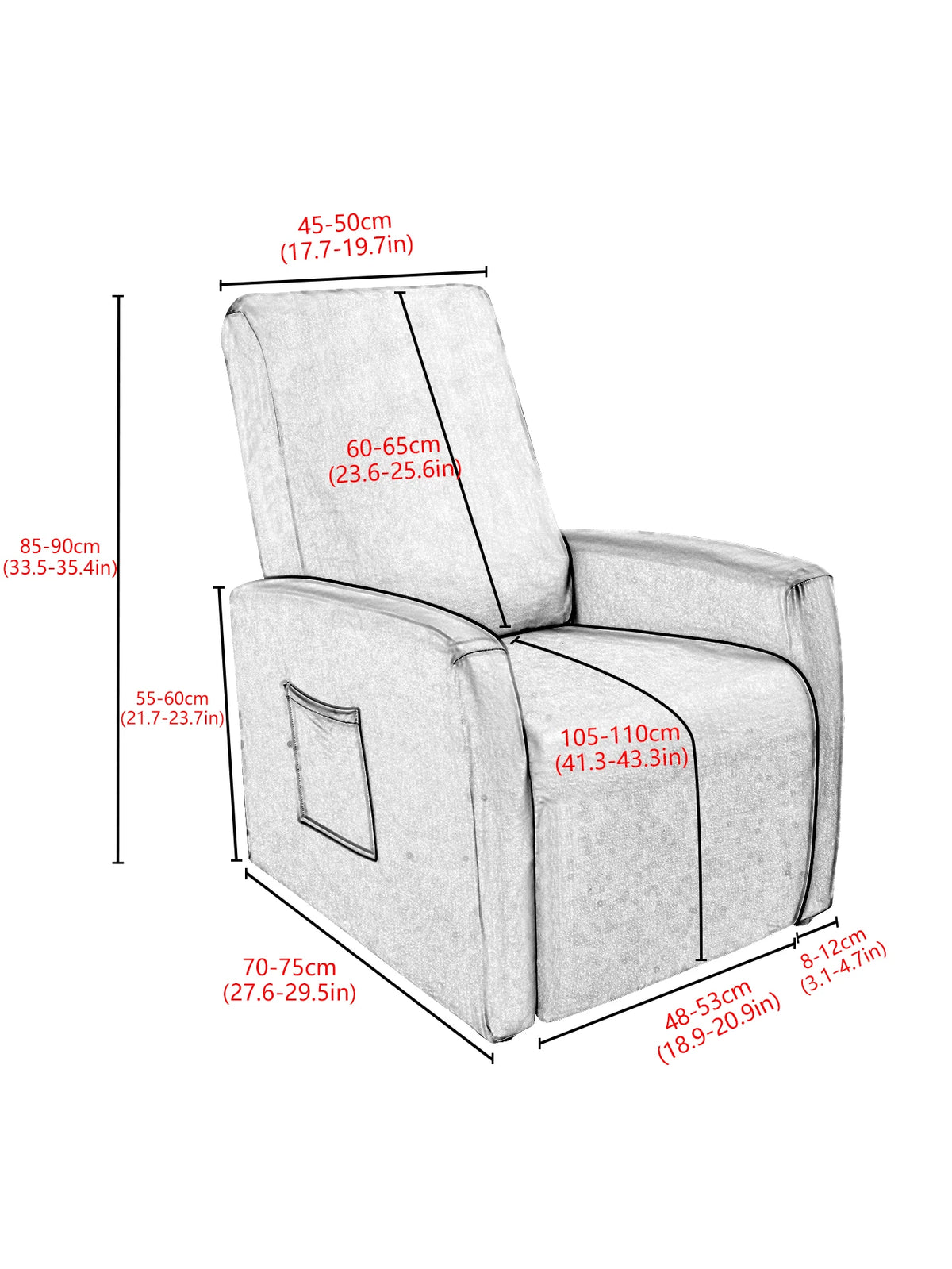 A diagram showing the dimensions of a milk silk stretch sofa cover set for accent chairs, including measurements for height, 