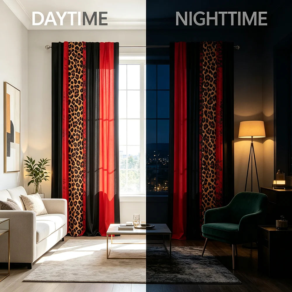 A split image showing modern leopard print curtains in daytime and nighttime settings.