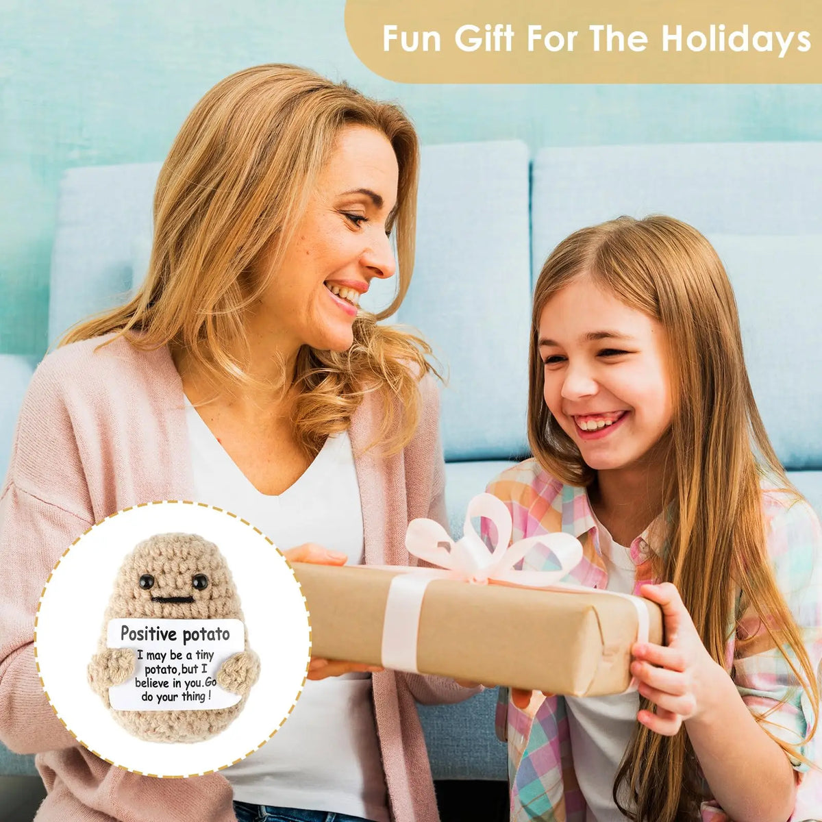 A smiling woman gives a girl a wrapped gift, with a handmade plush pocket doll visible.